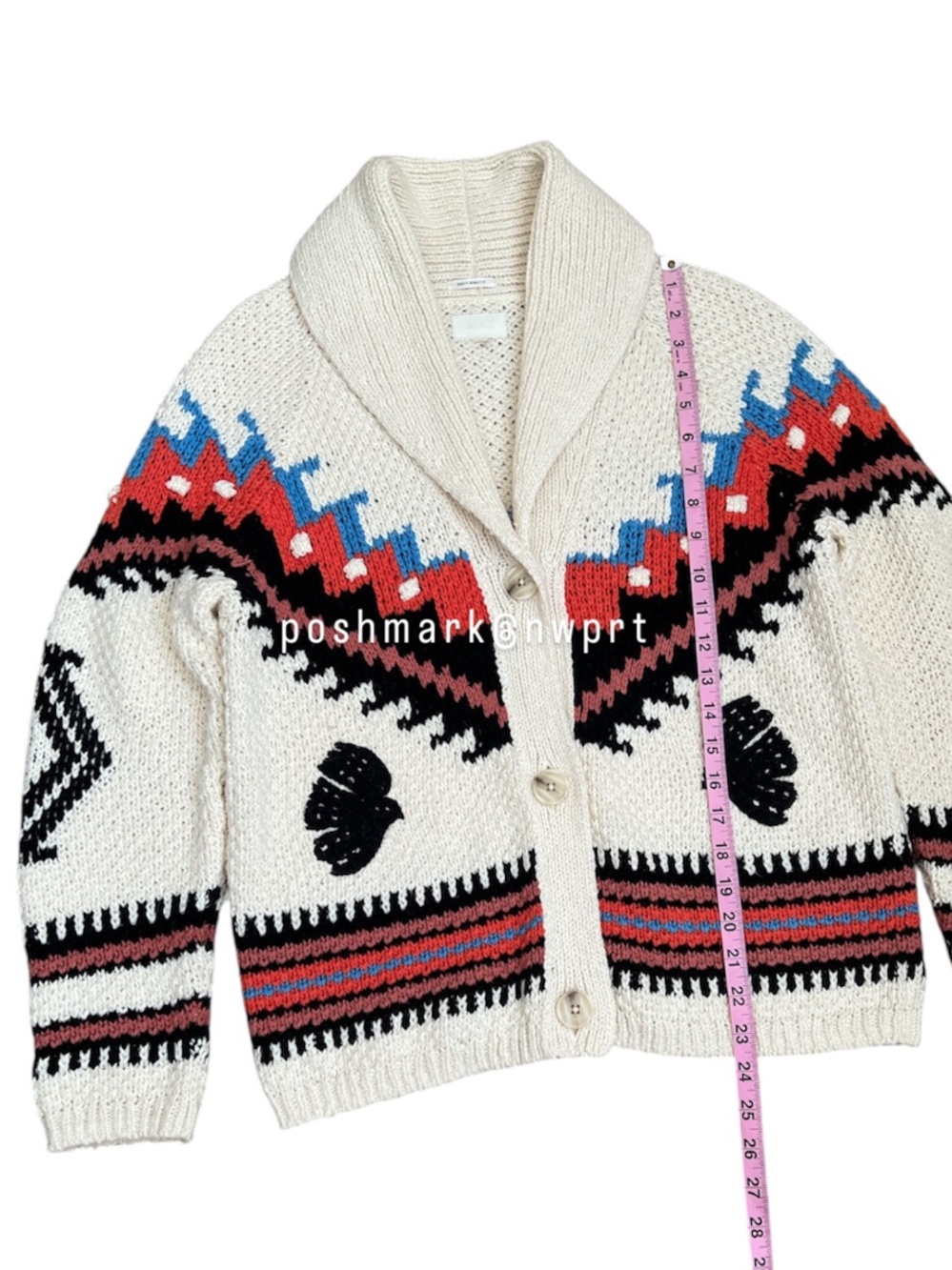 MOTHER De Gaulle Shawl Collar Cotton Knit Cardigan Sweater XS Cream White Boho - Picture 12 of 14